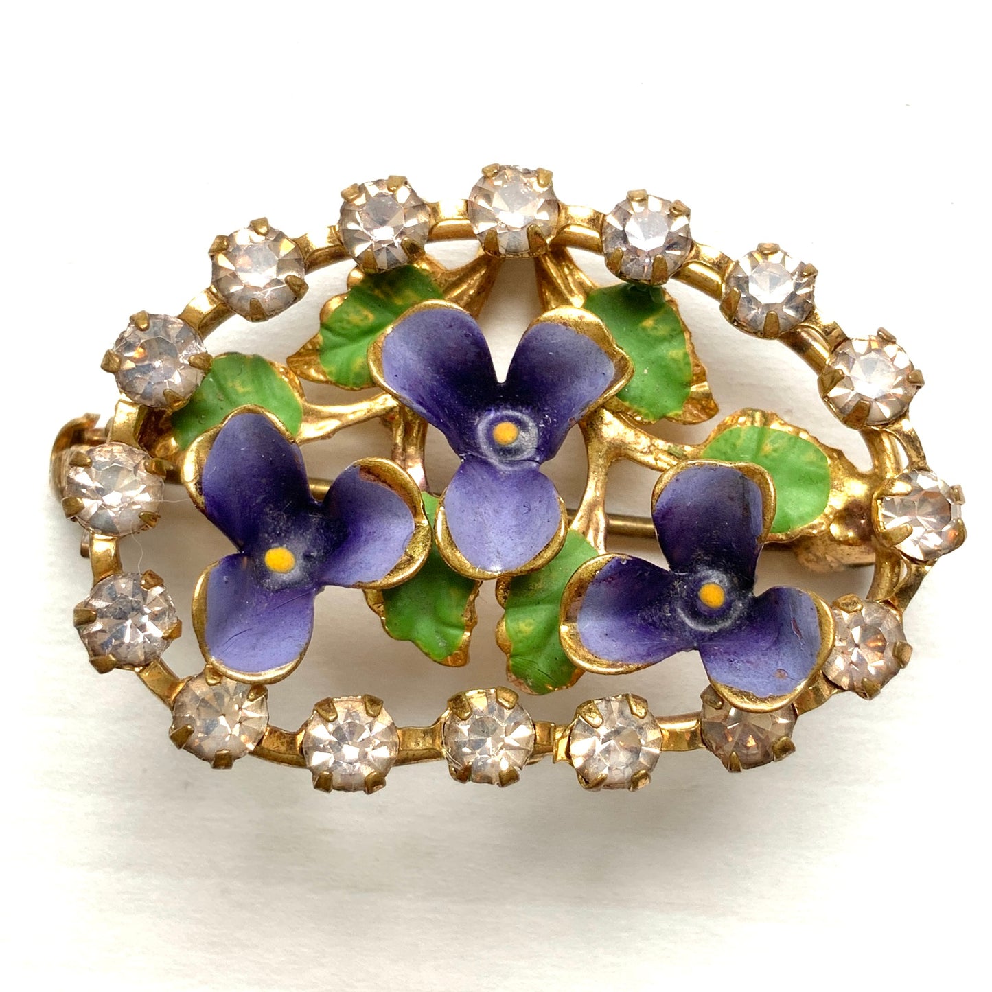 VINTAGE Enamel Violet & Rhinestone Brooch