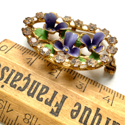 VINTAGE Enamel Violet & Rhinestone Brooch