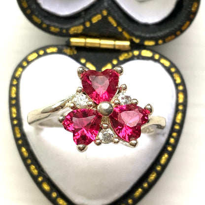 VINTAGE Silver Three Pink Heart-Shaped Stones Clover Design Ring　ヴィンテージ　シルバーリング　ハート型ピンクストーン　クローバー