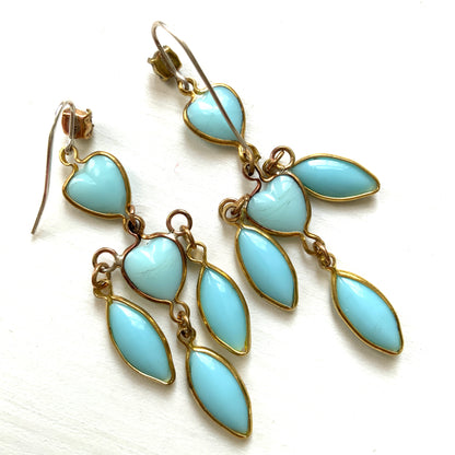 VINTAGE 1920s Turquoise Heart Glass Fringe Pierced Earrings