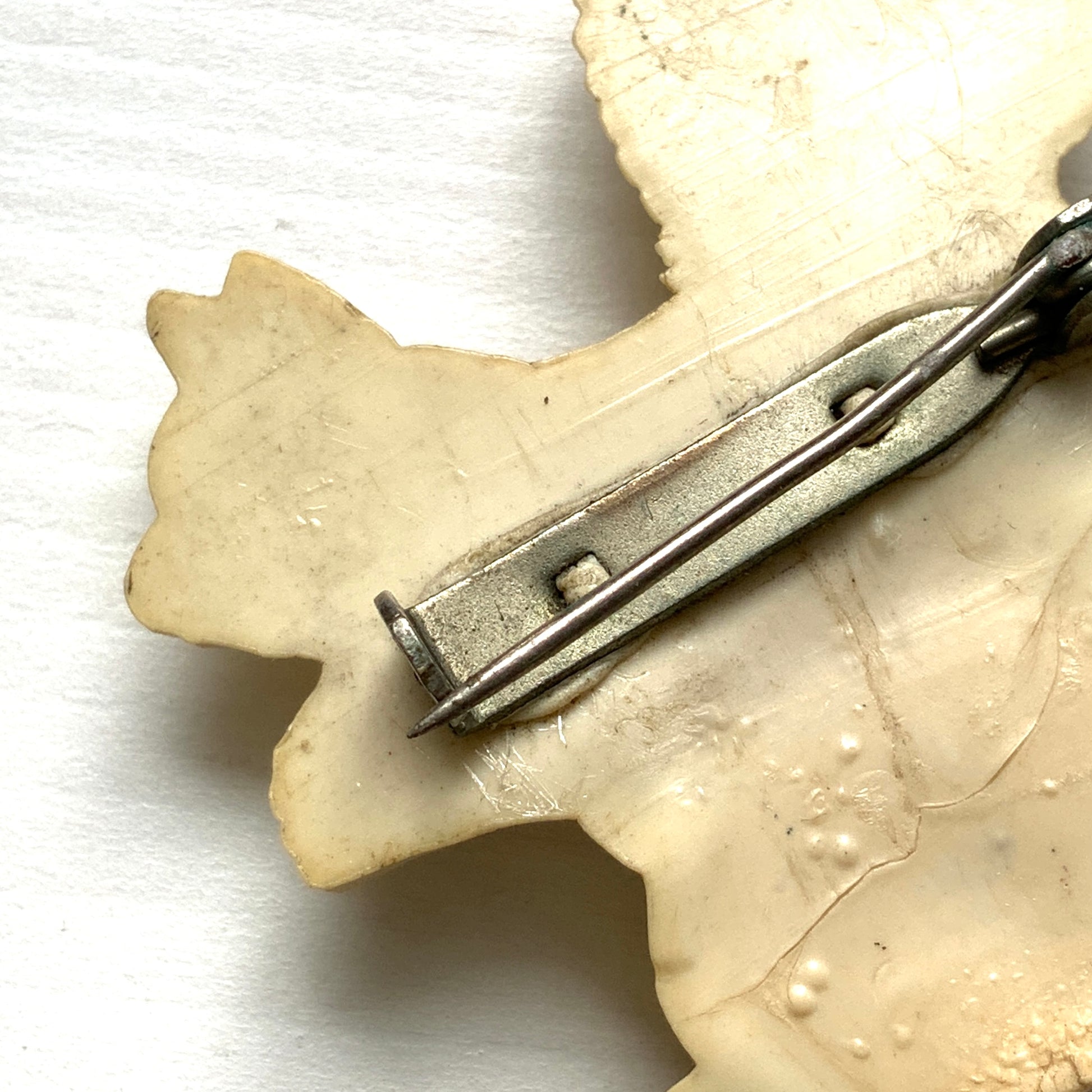 A charming white celluloid squirrel brooch with a softly rounded body. ふっくらとしたボディが愛らしい、白いセルロイド製のリスのブローチ。