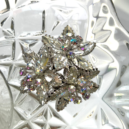 Flower brooch with clear and aurora borealis rhinestones. クリア＆オーロラストーンのフラワーブローチ。