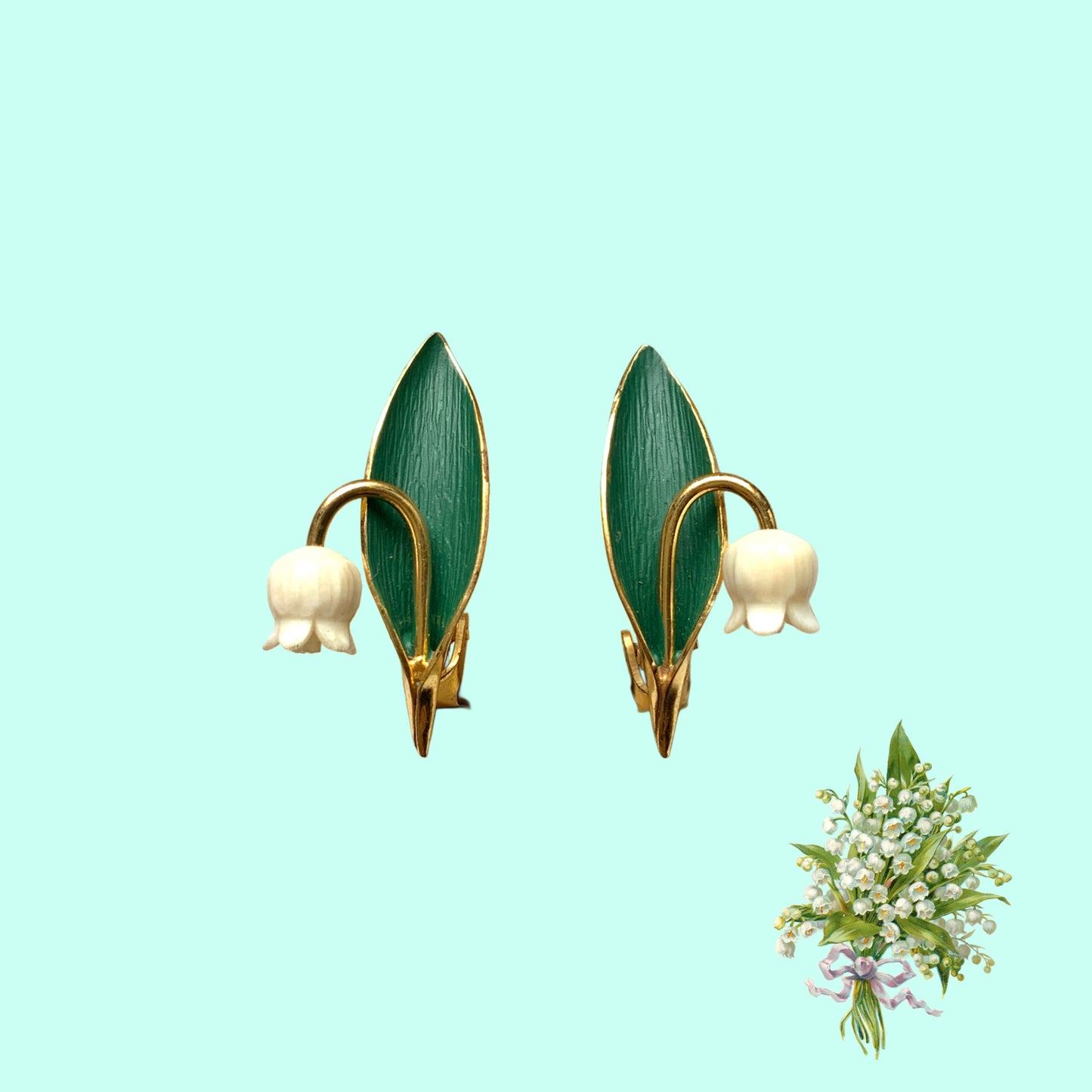 Clip-on earrings featuring green enamel leaves and charming lily of the valley. グリーンのエナメルリーフに、スズランが愛らしいクリップイヤリング。
