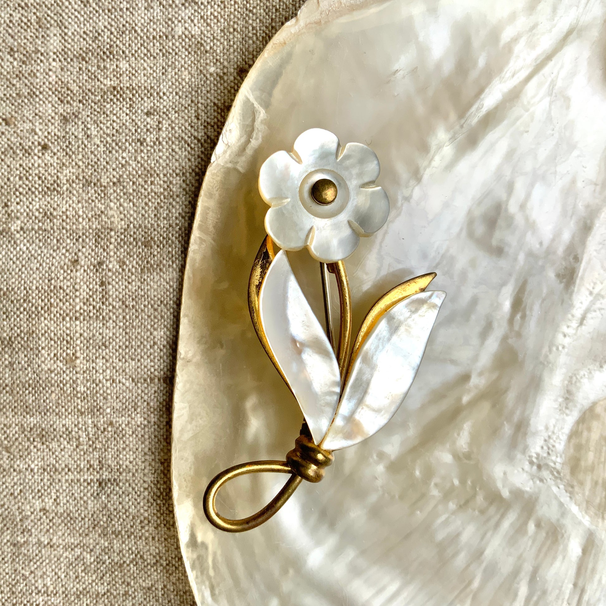 A floral brooch featuring beautiful pearly luster from mother of pearl. パーリーな光沢が美しいマザーオブパールのお花のブローチ。 
