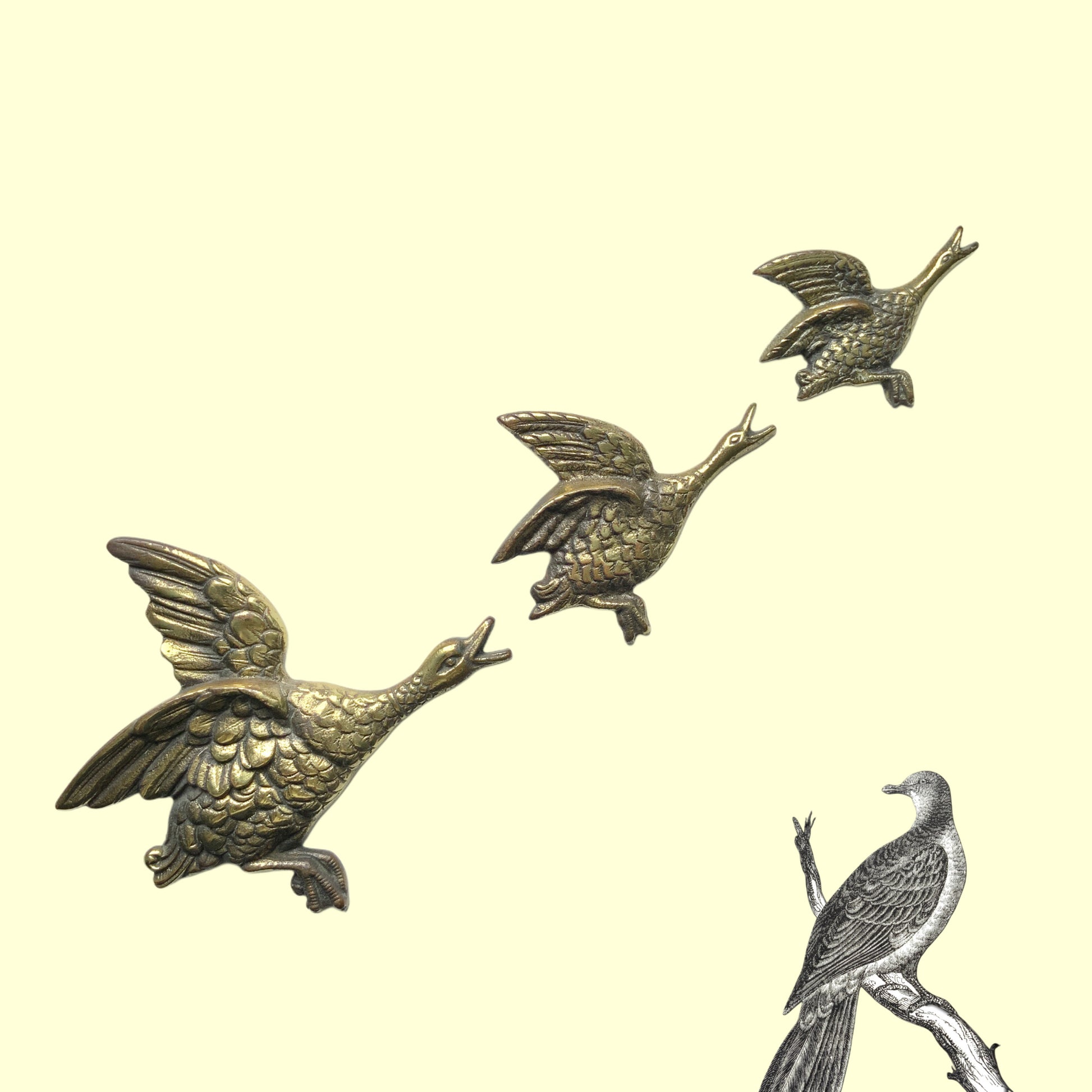 A 1960s brass wall decor featuring flying geese (or ducks). 1960年代のブラス製、飛ぶガチョウ(鴨？）のウォールデコ。