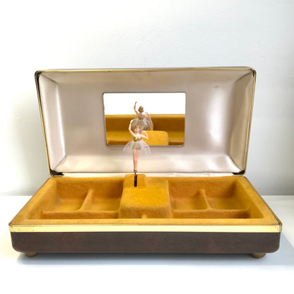 When the lid is opened, a ballerina dressed in a gold bodice and white tutu begins to spin gracefully to music, revealing a charming jewellery box with a built-in music box. 蓋を開けると、ゴールドにホワイトのチュチュをまとったバレリーナがくるくると踊り出す、オルゴール付きのジュエリーボックスです。 