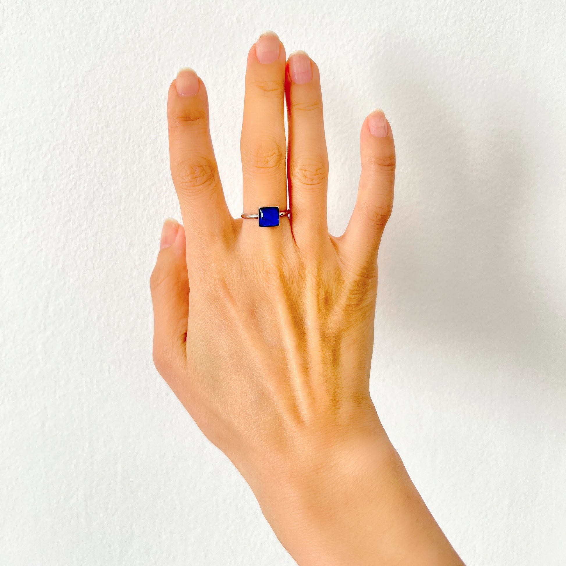 A silver ring featuring the beautiful wing of a Morpho butterfly. 美しいモルフォ蝶の羽を使ったバタフライウィングのシルバーリング。 