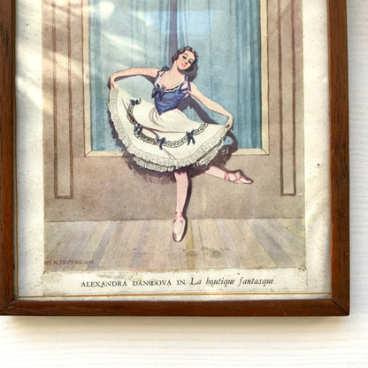 A framed illustration depicting a graceful ballerina. 可憐なバレリーナのイラストが収められたフレーム。