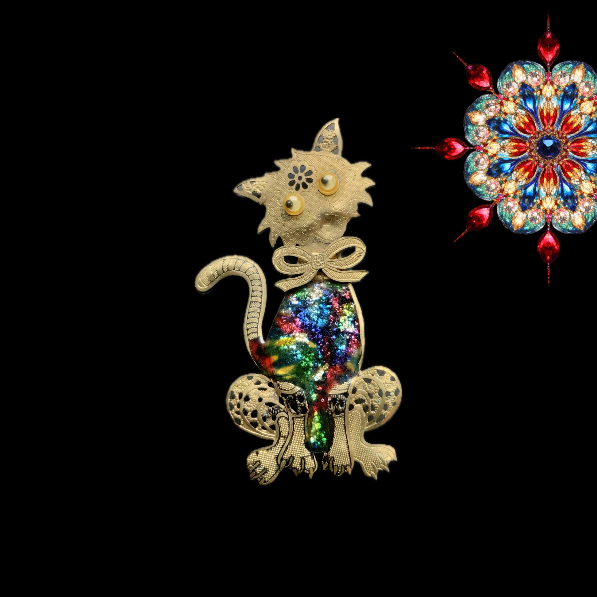 A vintage cat brooch featuring a vibrant rainbow enamel body. レインボーグリッターのボディが印象的な、ヴィンテージのキャットブローチ。