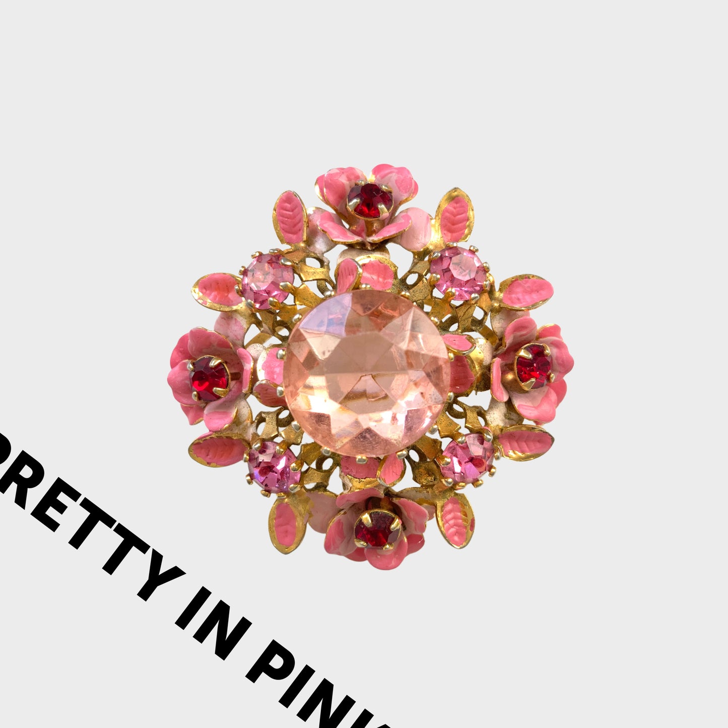 ヴィンテージ　1950年代　ピンクグラスビジュー＆エナメルフラワー　ブローチ
