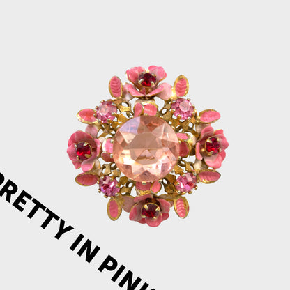 ヴィンテージ　1950年代　ピンクグラスビジュー＆エナメルフラワー　ブローチ