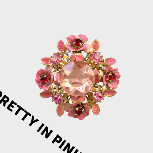 ヴィンテージ　1950年代　ピンクグラスビジュー＆エナメルフラワー　ブローチ