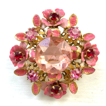 ヴィンテージ　1950年代　ピンクグラスビジュー＆エナメルフラワー　ブローチ