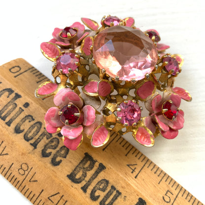 ヴィンテージ　1950年代　ピンクグラスビジュー＆エナメルフラワー　ブローチ