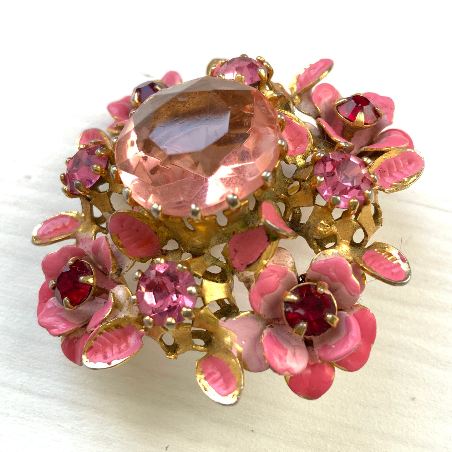 ヴィンテージ　1950年代　ピンクグラスビジュー＆エナメルフラワー　ブローチ
