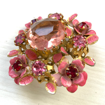 ヴィンテージ　1950年代　ピンクグラスビジュー＆エナメルフラワー　ブローチ