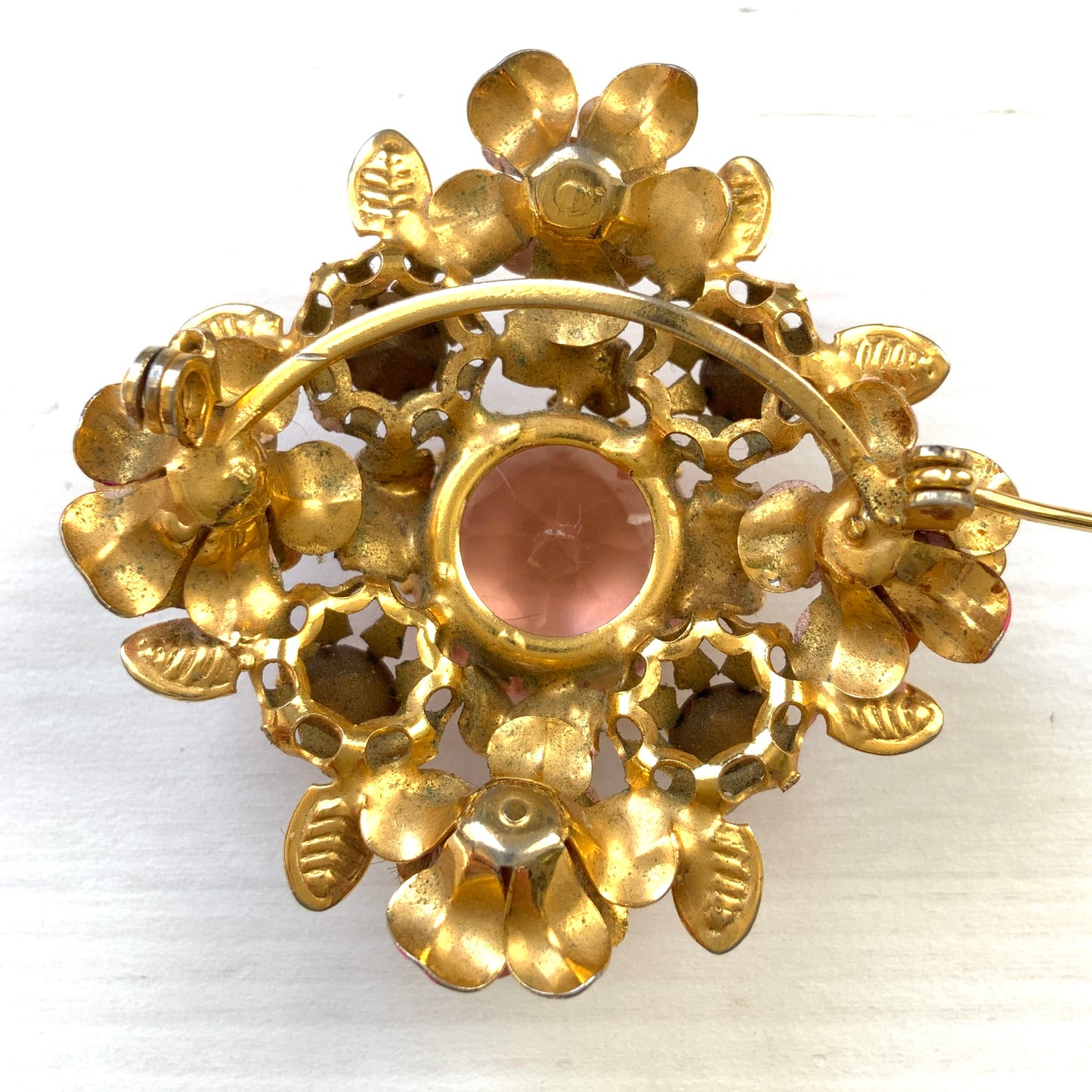 ヴィンテージ　1950年代　ピンクグラスビジュー＆エナメルフラワー　ブローチ