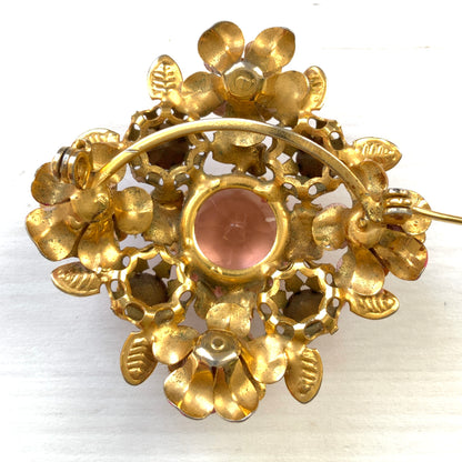 ヴィンテージ　1950年代　ピンクグラスビジュー＆エナメルフラワー　ブローチ