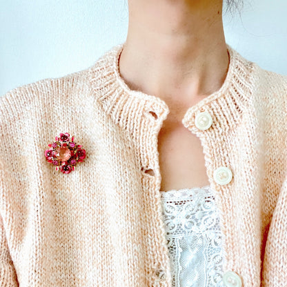 ヴィンテージ　1950年代　ピンクグラスビジュー＆エナメルフラワー　ブローチ