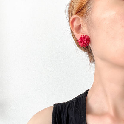 A charming pair of 1960s screw back earrings from Czechoslovakia, featuring vibrant red plastic flowers arranged in a beautiful three-dimensional cluster. 赤いお花の1960年代のチェコスロヴァキアのヴィンテージスクリューイヤリング。
