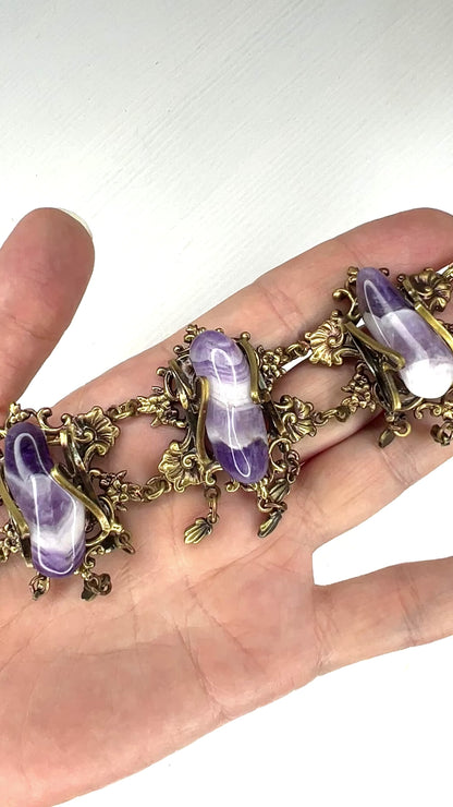 VINTAGE Amethyst & Decorative Gold Tone Metal Frame Bracelet