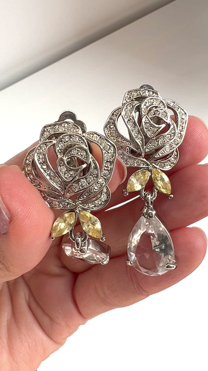 VINTAGE Rhinestone Rose & Clear Teardrop Dangle Clip Earrings