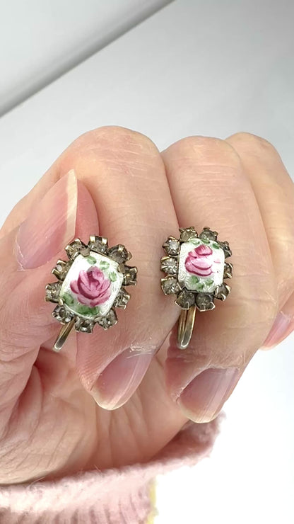 VINTAGE 1950's Enamelled Guilloche Pink Rose & Rhinestone Screw Earrings