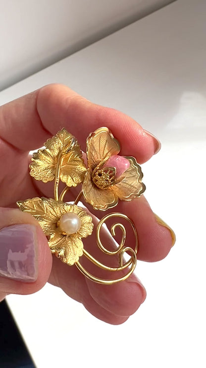 VINTAGE Gold Tone Leaf x Pink Stone & Pearl Brooch