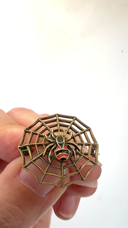 VINTAGE ART DECO Enamel Spider & Web Mini Brooch