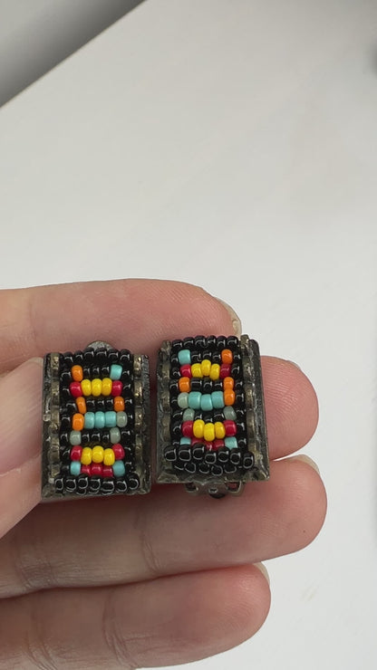 VINTAGE Multicolour Glass Beaded Square Earrings