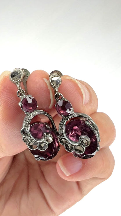 VINTAGE Marcaiste & Purple Oval Rhinestone Dangle Screw Earrings