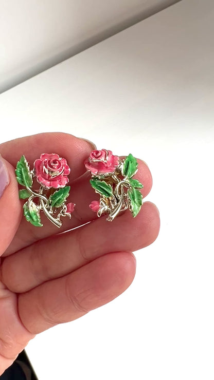 VINTAGE EXQUISITE 1950's Enamel Pink Rose Clip Earrings