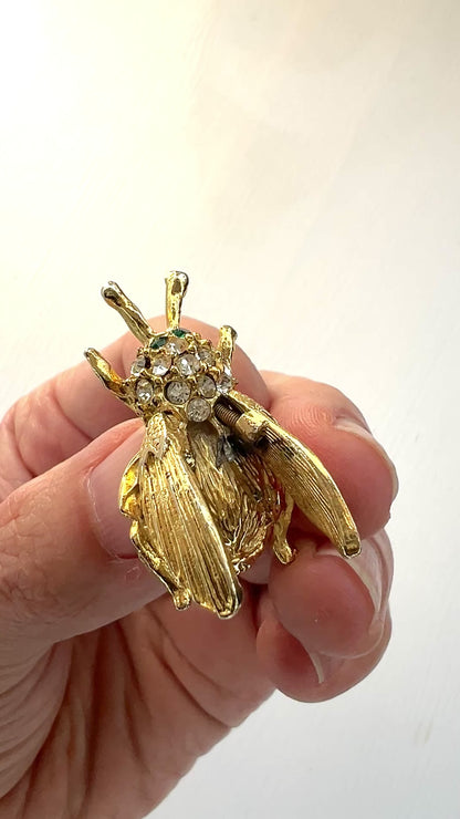 VINTAGE 1970's Gold Tone & Rhinestone Trembler Bug Brooch