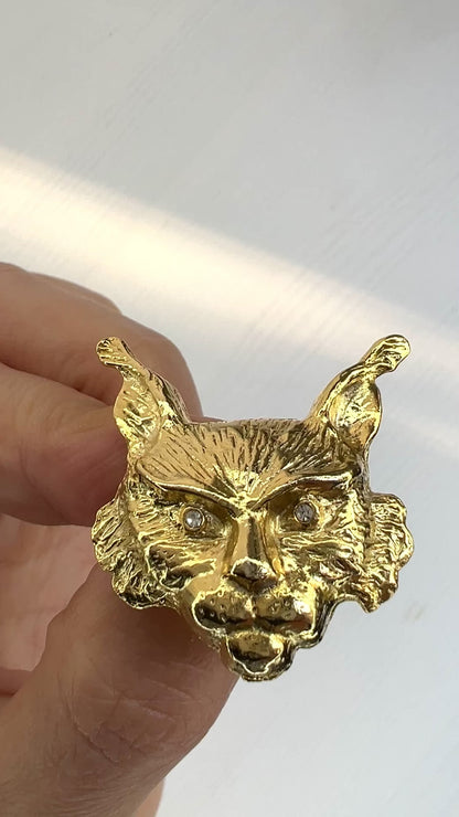 VINTAGE Gold Tone Lynx Face Brooch