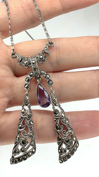 VINTAGE ART DECO Amethyst Teardrop & Marcasite Silver Ribbon Negligee Necklace