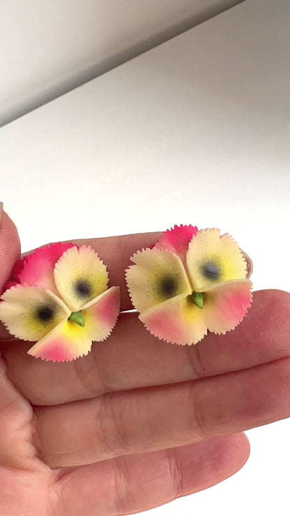 VINTAGE Pink Celluloid Pansy Clip Earrings