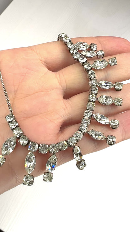 VINTAGE 1940-50's Marquise Rhinestone Fringe Silver Necklace