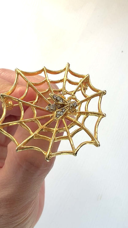 VINTAGE ANNE Gold Tone Spider Web & Trembler Rhinestone Fly Brooch