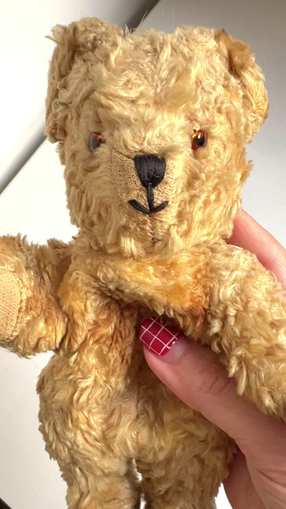 A small vintage teddy bear with the sweetest little smiling mouth.Softened by time, with slightly shrunken stuffing — all part of its charm. 小さな口元がにっこりと微笑んでいる、小さなヴィンテージテディベア。