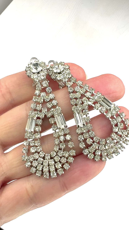 VINTAGE 1950's Rhinestone Teardrop Hoop Clip Earrings