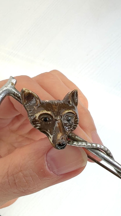 VINTAGE Plastic Fox & Riding Crop Brooch