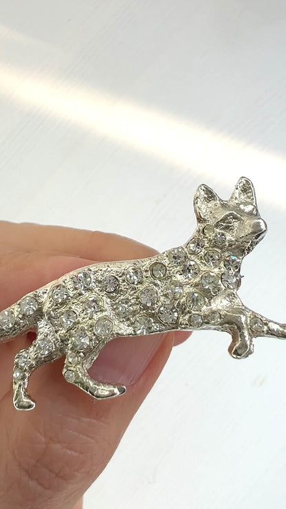 VINTAGE Rhinestone Fox Silver Brooch