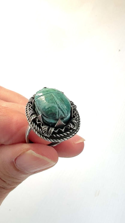 VINTAGE Egyptian Revival Faience Turquoise Blue Scarab Silver Ring