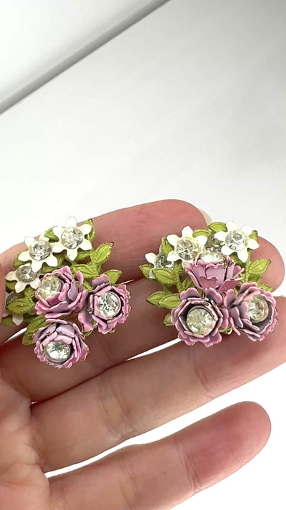 VINTAGE 1950's Enamel Pink Rose & White Flower Clip Earrings