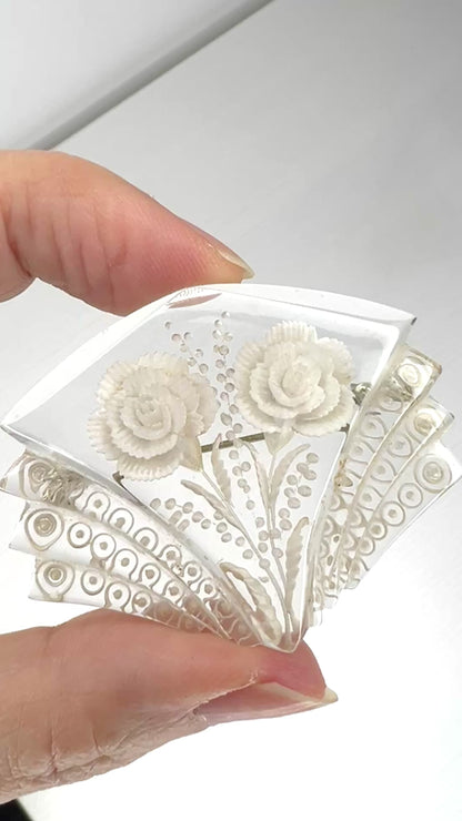 VINTAGE 1950's White Rose Reverse Carved Lucite Brooch