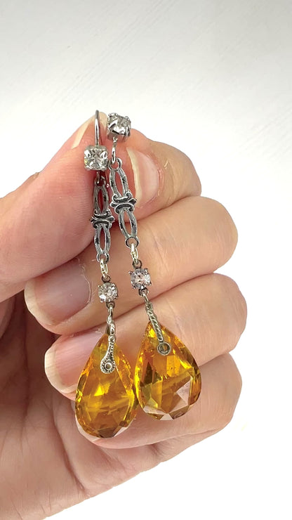 VINTAGE 1920's Yellow Teardrop Glass Dangle Pierced Earrings