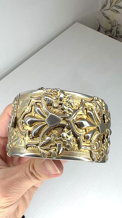 VINTAGE Gold Tone Repousse Wide Bangle