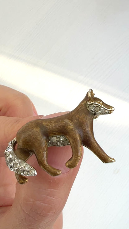 VINTAGE Enamel & Rhinestone Fox Brooch