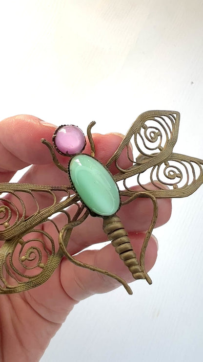 VINTAGE ART DECO Pink & Mint Green Satin Glass Cabochon Dragonfly Brooch