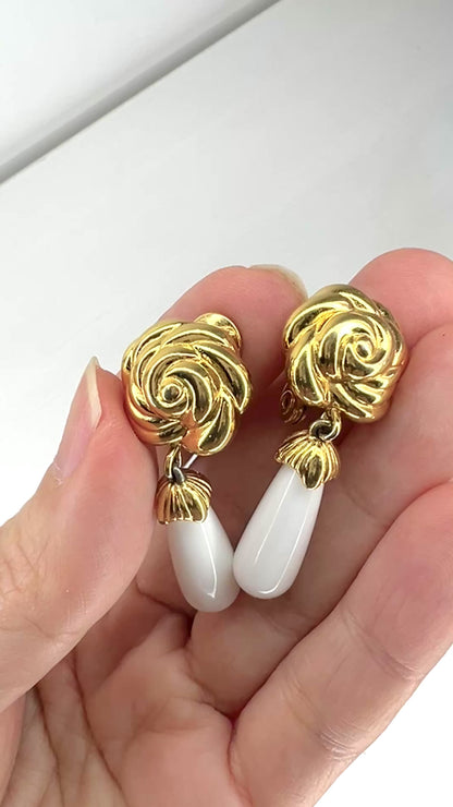 VINTAGE MONET Gold Tone Rose & White Raindrop Clip Earrings